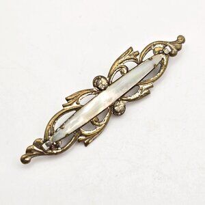Antique Mother of Pearl Bar Brooch 2.5" Mixed Tone Metal & Paste Stones